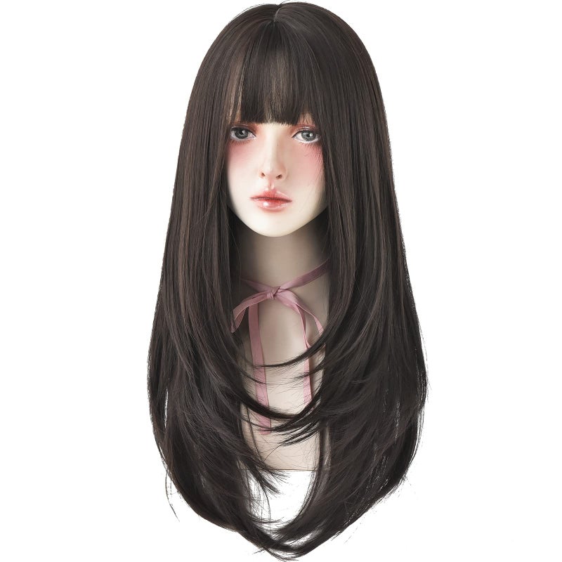 7JHH WIGS Hair Dye Wig for Women Synthetic Hair Natural Long Straight Wig With Bangs 22inch Black tea