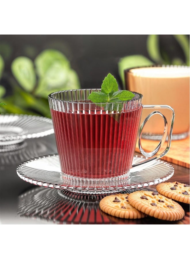 طقم أكواب قهوة | طقم أكواب قهوة وإسبريسو بمقابض مزخرفة وجدار منقوش، يتكون من 6 أكواب + 6 أطباق تقديم | زجاج شفاف أنيق، سعة 220 مل - Image 2