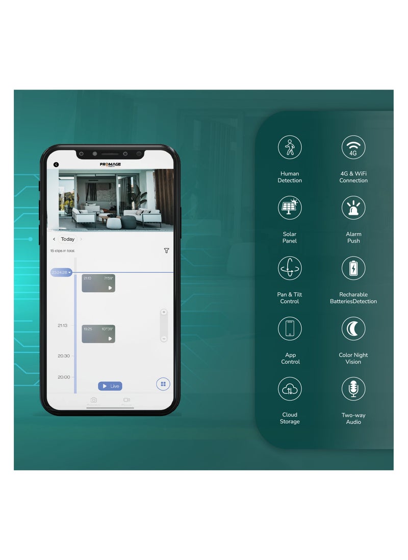 برو ميج - كاميرا PC-S303 PTZ تعمل بالطاقة الشمسية 4G – دقة 3MP 2K، PTZ 360°، رؤية ليلية بالألوان، صوت ثنائي الاتجاه، اكتشاف الحركة، بطارية 12000mAh، IP62، تخزين سحابي (بدون الحاجة إلى Wi-Fi) - Image 1