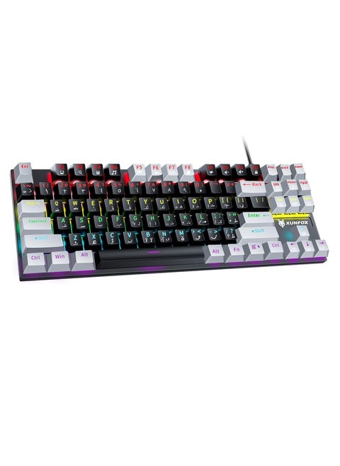 Xunfox K80 Gaming Keyboard - Blue Mechanical Switch – Rainbow backlight – 87 Keys TKL Size – Double Color keycaps – ( Arabic & English Keys )