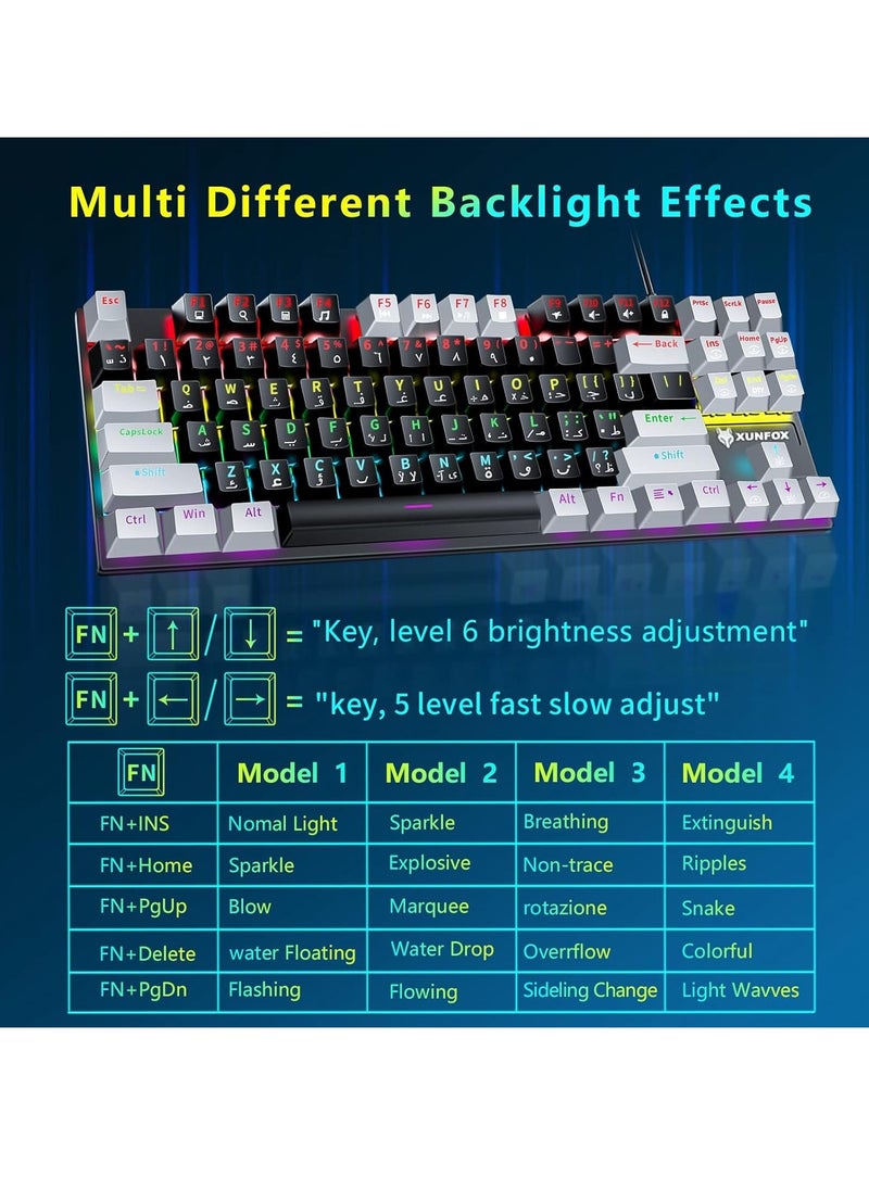 زونفوكس - Xunfox K80 لوحة مفاتيح ألعاب  - مفتاح ميكانيكي أزرق - إضاءة خلفية قوس قزح - 87 مفتاحًا بحجم TKL - أغطية مفاتيح مزدوجة اللون - (مفاتيح عربية وإنجليزية) - Image 1