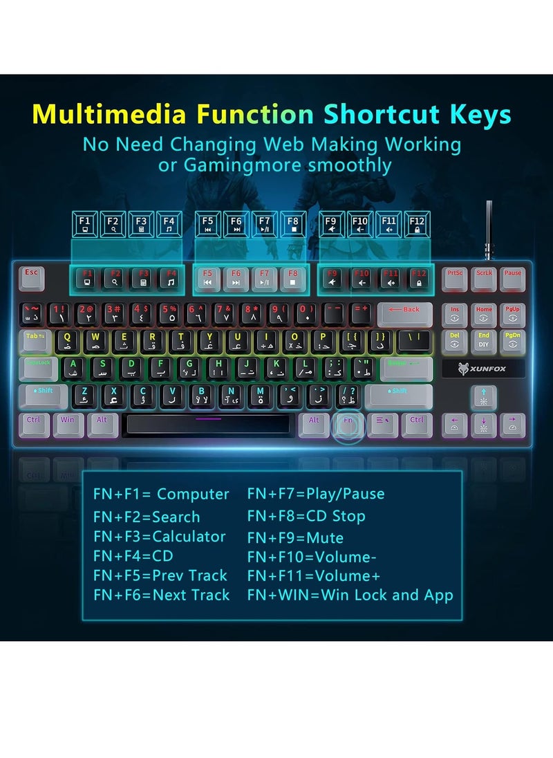 زونفوكس - Xunfox K80 لوحة مفاتيح ألعاب  - مفتاح ميكانيكي أزرق - إضاءة خلفية قوس قزح - 87 مفتاحًا بحجم TKL - أغطية مفاتيح مزدوجة اللون - (مفاتيح عربية وإنجليزية) - Image 1