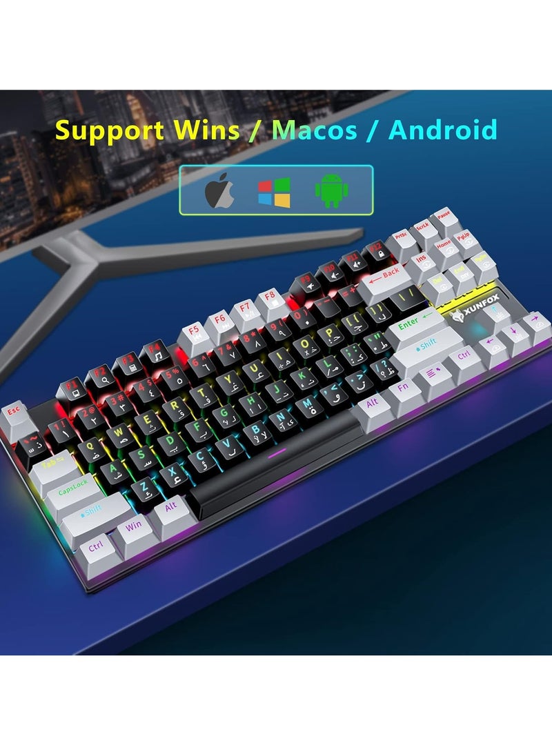 زونفوكس - Xunfox K80 لوحة مفاتيح ألعاب  - مفتاح ميكانيكي أزرق - إضاءة خلفية قوس قزح - 87 مفتاحًا بحجم TKL - أغطية مفاتيح مزدوجة اللون - (مفاتيح عربية وإنجليزية) - Image 1