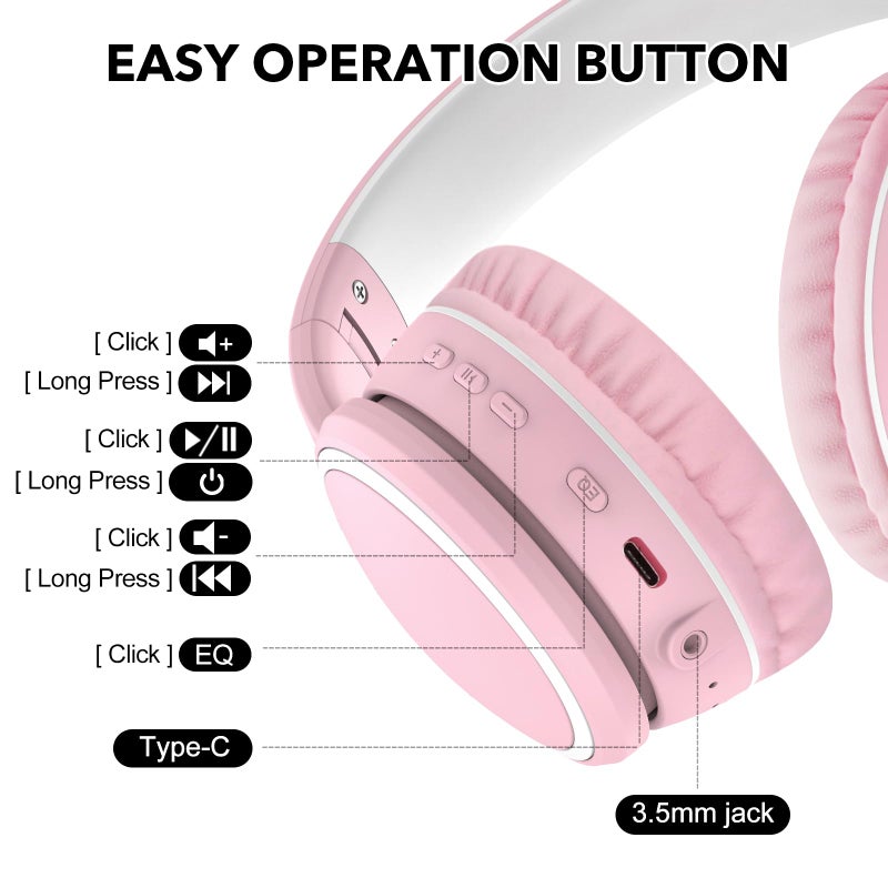 RORSOU B10 Wireless Over-Ear Headphones, Lightweight Folding Stereo Bass Bluetooth Headset with Mic, 50H Playtime, Volume Control, Bluetooth 5.3 Headphones for iPad/Travel/Tablet/PC (Pink) - Image 5