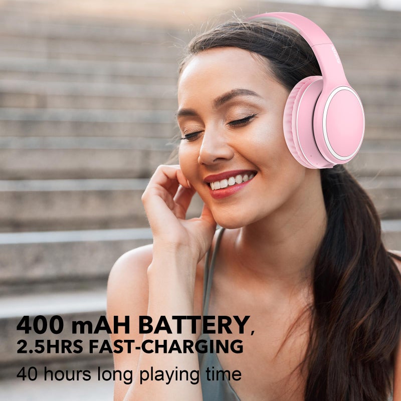 RORSOU B10 Wireless Over-Ear Headphones, Lightweight Folding Stereo Bass Bluetooth Headset with Mic, 50H Playtime, Volume Control, Bluetooth 5.3 Headphones for iPad/Travel/Tablet/PC (Pink) - Image 4