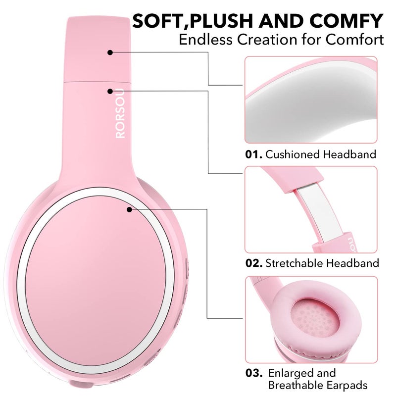 RORSOU B10 Wireless Over-Ear Headphones, Lightweight Folding Stereo Bass Bluetooth Headset with Mic, 50H Playtime, Volume Control, Bluetooth 5.3 Headphones for iPad/Travel/Tablet/PC (Pink) - Image 3