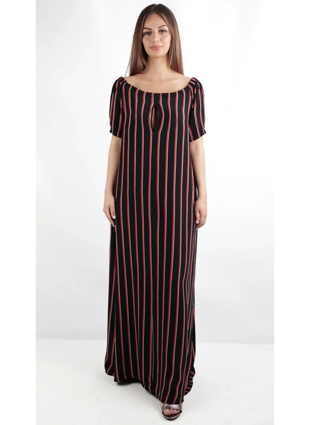 Alexander Gardi Crepe Fabric Longitudinally Striped Ballerina Collar Maxi Length Loose Dress Black (B20-139309)