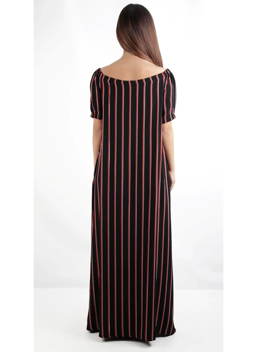 Alexander Gardi Crepe Fabric Longitudinally Striped Ballerina Collar Maxi Length Loose Dress Black (B20-139309)