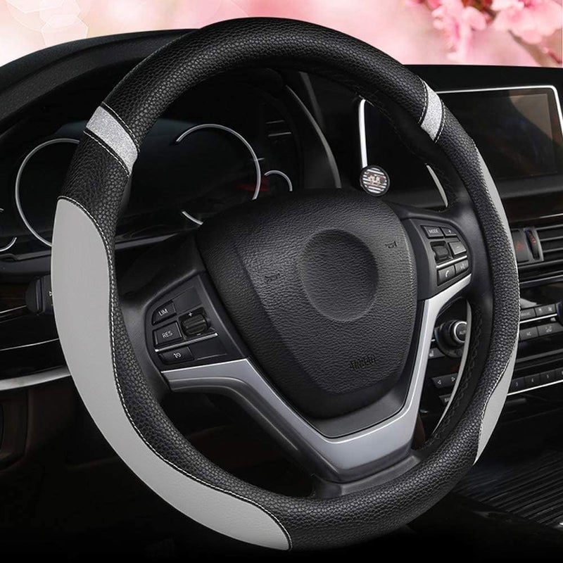 Cxtiy غطاء عجلة قيادة للرجال والنساء، غطاء عالمي من الجلد لعجلة القيادة مقاس 15 بوصة (رمادي) - Image 1