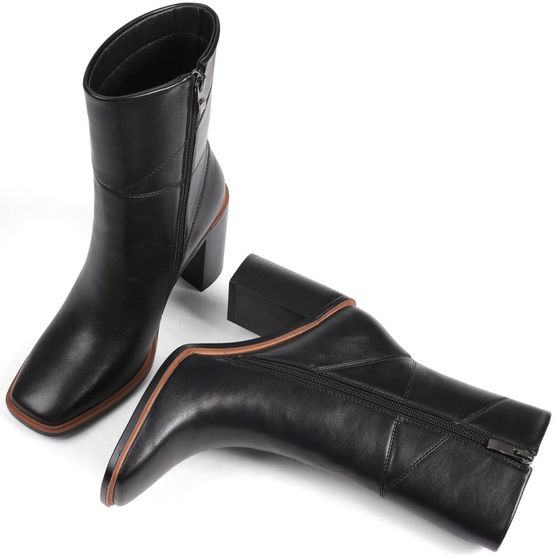 Lovee Cosee Black Leather Ankle Boots for Women 2025 Booties for Women Chunky Block Heel Square Toe Heeled Boots Comfort Casual Dress Fall Winter for Party Office Date Night Outfit Size 7 - Image 5