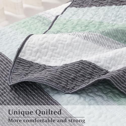 DURLENGEN Quilt Set Queen Size 3Pcs,Soft Microfiber Lightweight Bedspread,White & Green Striped Geometric Pattern Coverlet for All Season Layering(Queen 90x96,Mint Green) - Image 4