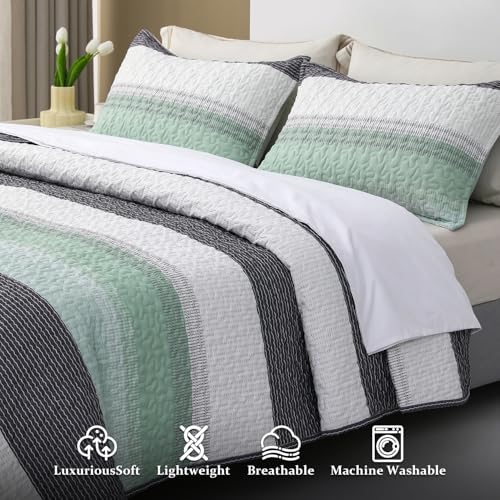 DURLENGEN Quilt Set Queen Size 3Pcs,Soft Microfiber Lightweight Bedspread,White & Green Striped Geometric Pattern Coverlet for All Season Layering(Queen 90x96,Mint Green) - Image 3