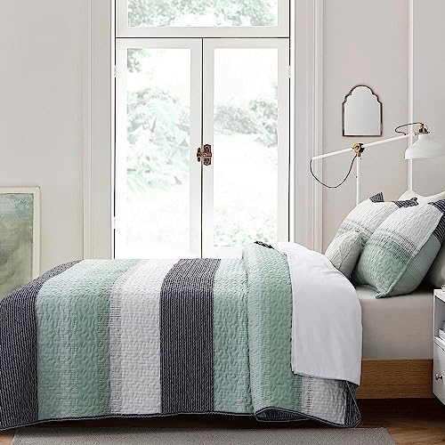 DURLENGEN Quilt Set Queen Size 3Pcs,Soft Microfiber Lightweight Bedspread,White & Green Striped Geometric Pattern Coverlet for All Season Layering(Queen 90x96,Mint Green) - Image 2