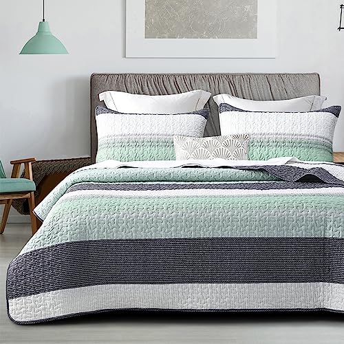 DURLENGEN Quilt Set Queen Size 3Pcs,Soft Microfiber Lightweight Bedspread,White & Green Striped Geometric Pattern Coverlet for All Season Layering(Queen 90x96,Mint Green) - Image 1