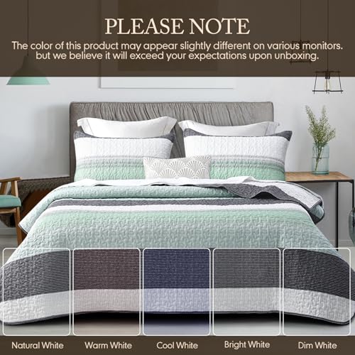 DURLENGEN Quilt Set Queen Size 3Pcs,Soft Microfiber Lightweight Bedspread,White & Green Striped Geometric Pattern Coverlet for All Season Layering(Queen 90x96,Mint Green) - Image 5