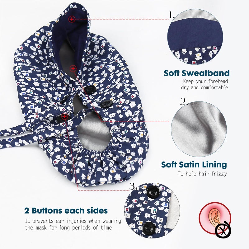 Yuest Satin Lined Scrub Caps with Buttons & Sweathand, Surgical Caps for Women - Image 2