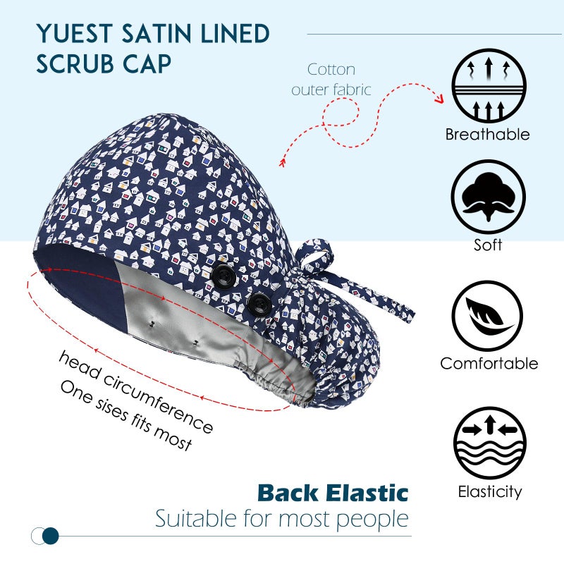 Yuest Satin Lined Scrub Caps with Buttons & Sweathand, Surgical Caps for Women - Image 3