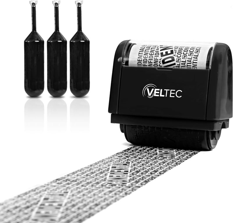 Veltec ID Protector Ink Roller - Identity Theft Protection Roller Stamp Set (Black, Stamp+3 Refills) - Image 1