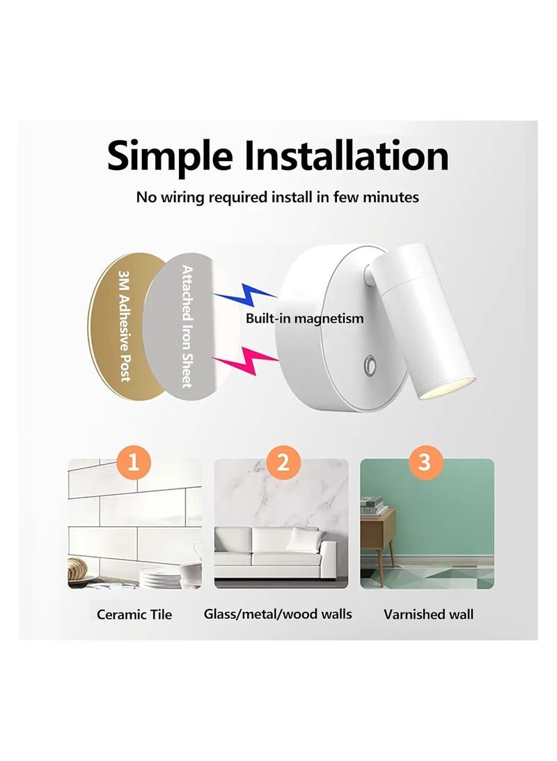 Indoor Wireless Spotlights with Magnetic Remote for Bedside Reading, Battery Operated, 4000K Neutral Light, 3 Dimmable Colors, White - Image 3