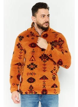 Men Mock Neck Graphic Print Long Sleeves Sweatshirt, Brown Combo