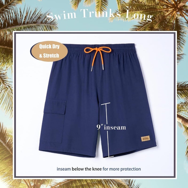 BRISIRA Mens Swim Trunks for Beach Use, Polyester-Elastane Blend, Navy Blue, Anti-chafe Quick-Dry with 9-Inch Inseam Compression Liner - Image 3