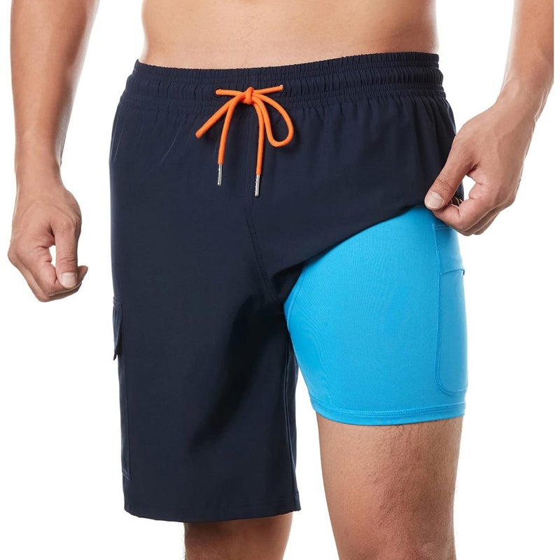 BRISIRA Mens Swim Trunks for Beach Use, Polyester-Elastane Blend, Navy Blue, Anti-chafe Quick-Dry with 9-Inch Inseam Compression Liner - Image 1