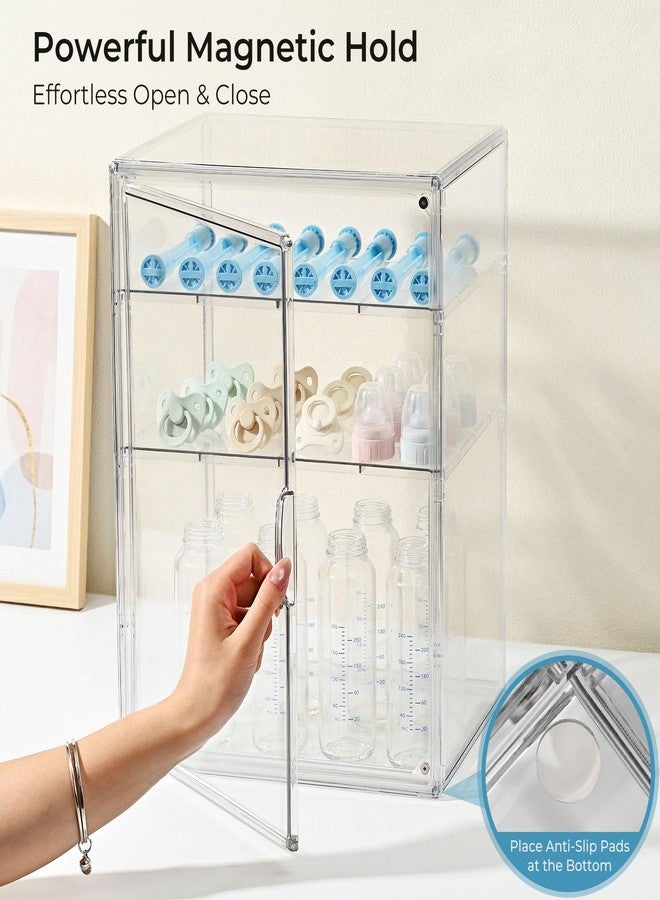 KitHero Baby Bottle Organizer – X-Large Adhesive Wall-Mount 3 Tier Adjustable Acrylic Bottle Storage Container with Magnetic Door – for Countertop, Cabinet, Kitchen, and Vanity, Gifts for New Mom - Image 2