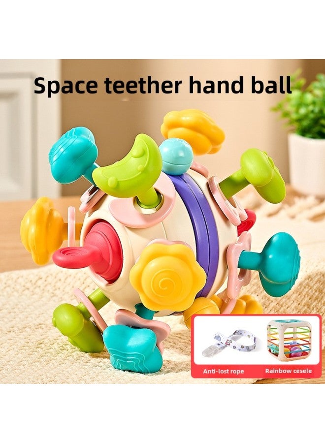 Tiktok Baby Teether Ball Puzzle Early Education Manhattan Hand Ball Touch Feeling Training Grip Toy-Color:Space Teether Manhattan Ball + Anti-lost Rope + Rainbow Plug Music Toy - Image 1
