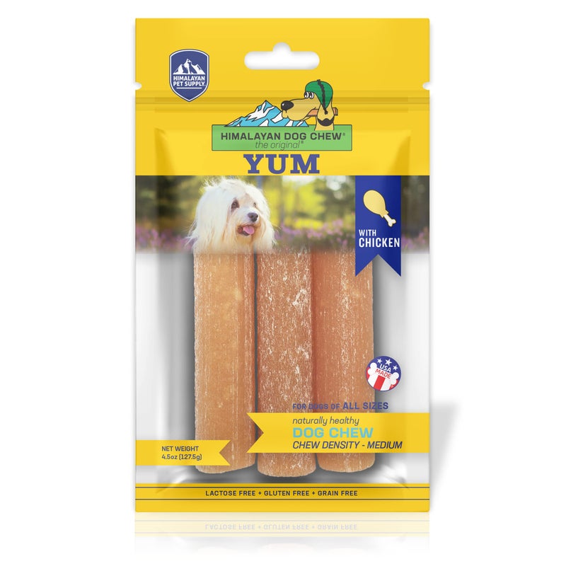 Himalayan Dog Chew Yak Cheese Dog Chews, Lactose Free & Grain Free, USA Made, for All Dog Breeds, Medium Density Cheese Chew, Resealable Pouch with 3 YUM Treats, Chicken Flavor - Image 1