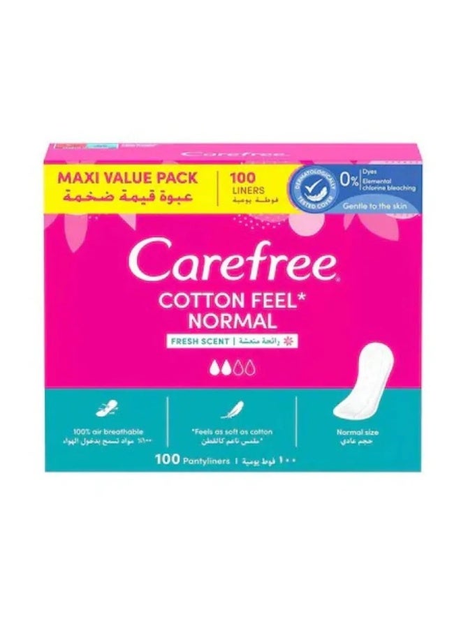 Carefree Cotton Feel Normal Pantyliners With Fresh Scent 100% Air Breathable- 100 Pantyliners