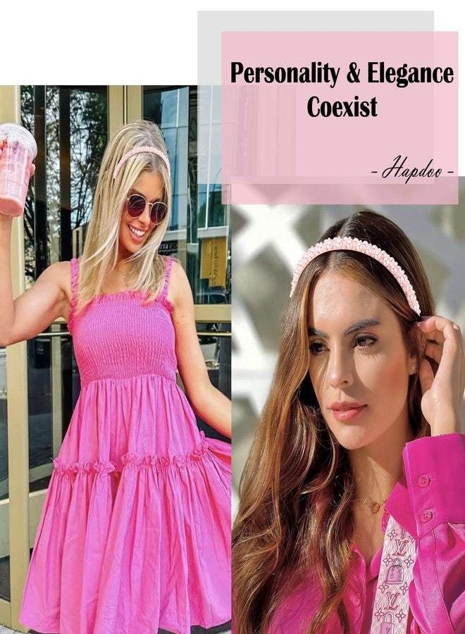 Hapdoo Pink Pearl Headbands for Women Girls, Cute Beads Headband with Faux Pearl for Wedding Bride, Fashion Beaded Bling Hairbands Hair Hoop Accessories for Birthday - Image 2
