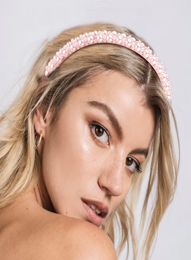 Hapdoo Pink Pearl Headbands for Women Girls, Cute Beads Headband with Faux Pearl for Wedding Bride, Fashion Beaded Bling Hairbands Hair Hoop Accessories for Birthday - Image 3