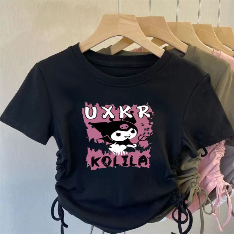 Style Kuromi Ice Silk Short-Sleeved Girls' Drawstring T-Shirt Design Short Shirt Western Style Cartoon Short-Sleeved T-Shirt - Image 4