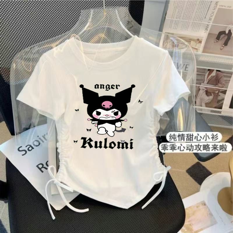 Style Kuromi Ice Silk Short-Sleeved Girls' Drawstring T-Shirt Design Short Shirt Western Style Cartoon Short-Sleeved T-Shirt - Image 3
