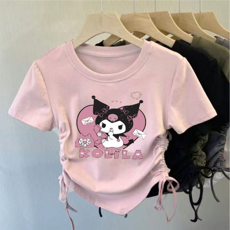 Style Kuromi Ice Silk Short-Sleeved Girls' Drawstring T-Shirt Design Short Shirt Western Style Cartoon Short-Sleeved T-Shirt - Image 2