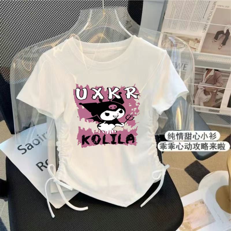 Style Kuromi Ice Silk Short-Sleeved Girls' Drawstring T-Shirt Design Short Shirt Western Style Cartoon Short-Sleeved T-Shirt - Image 5