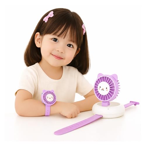 WISHKEY Kids Wrist Watch Fan USB Rechargeable Portable Mini Fan with 3 Speed Settings Cute Cartoon Design Brushless Motor Adjustable Strap Cooling Fan for Boys & Girls 8-12 Years - Purple - Image 1