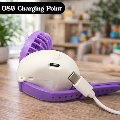 WISHKEY Kids Wrist Watch Fan USB Rechargeable Portable Mini Fan with 3 Speed Settings Cute Cartoon Design Brushless Motor Adjustable Strap Cooling Fan for Boys & Girls 8-12 Years - Purple - Image 5