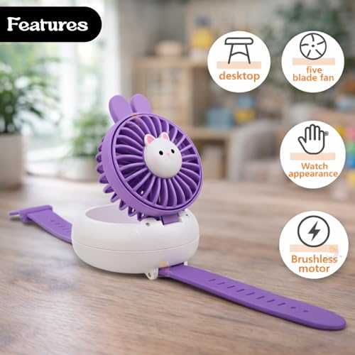 WISHKEY Kids Wrist Watch Fan USB Rechargeable Portable Mini Fan with 3 Speed Settings Cute Cartoon Design Brushless Motor Adjustable Strap Cooling Fan for Boys & Girls 8-12 Years - Purple - Image 3