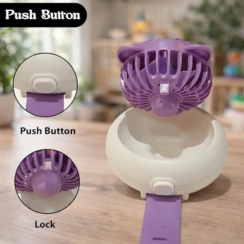 WISHKEY Kids Wrist Watch Fan USB Rechargeable Portable Mini Fan with 3 Speed Settings Cute Cartoon Design Brushless Motor Adjustable Strap Cooling Fan for Boys & Girls 8-12 Years - Purple - Image 4