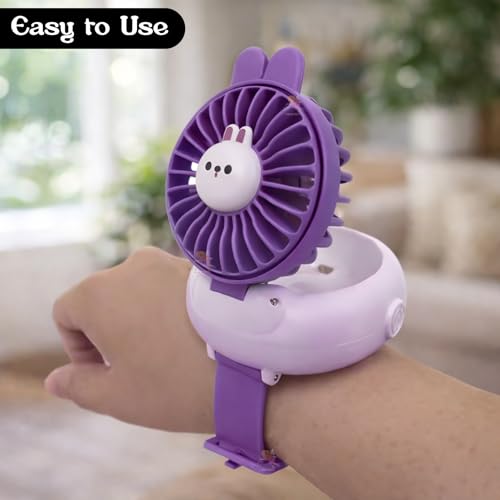 WISHKEY Kids Wrist Watch Fan USB Rechargeable Portable Mini Fan with 3 Speed Settings Cute Cartoon Design Brushless Motor Adjustable Strap Cooling Fan for Boys & Girls 8-12 Years - Purple - Image 2