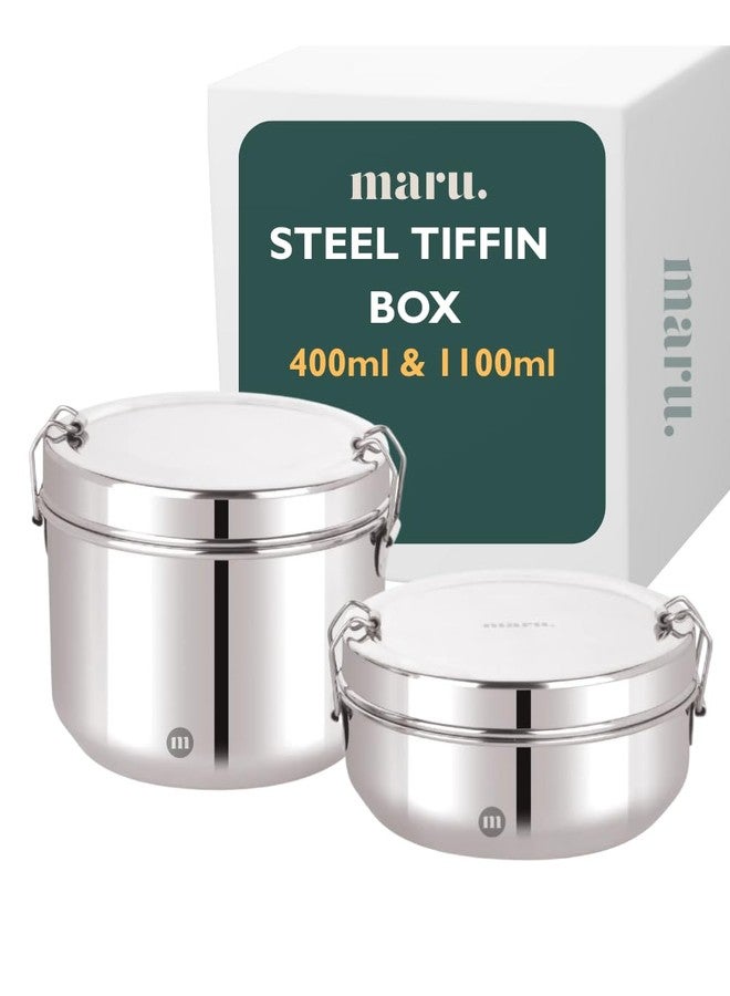 MARU Stainless Steel Tiffin Box Set of 2 (1100ml + 400ml) | Airtight Lunch Box with Compartments & Partition Plate | Leakproof Steel Lunch Containers for School, Office, Men, Women & Kids - Image 1