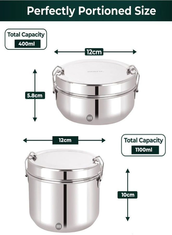 MARU Stainless Steel Tiffin Box Set of 2 (1100ml + 400ml) | Airtight Lunch Box with Compartments & Partition Plate | Leakproof Steel Lunch Containers for School, Office, Men, Women & Kids - Image 2