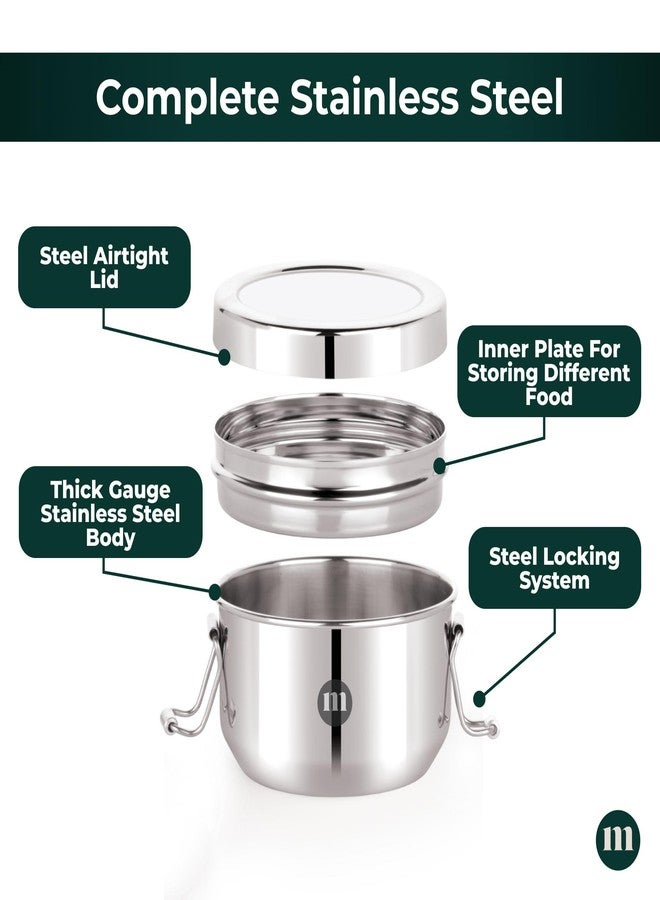 MARU Stainless Steel Tiffin Box Set of 2 (1100ml + 400ml) | Airtight Lunch Box with Compartments & Partition Plate | Leakproof Steel Lunch Containers for School, Office, Men, Women & Kids - Image 3