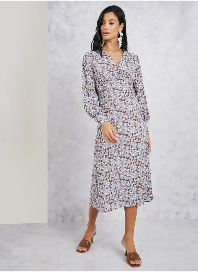 Styli Abstract Print V Neck Midi Dress with Long Sleeves