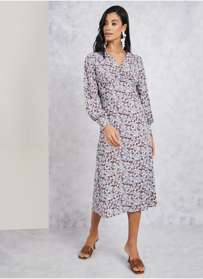 Styli Abstract Print V Neck Midi Dress with Long Sleeves  - Image 1