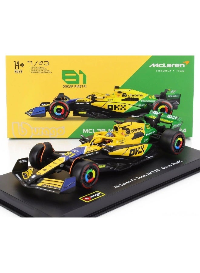 Bburago سيارة ببراغو F1 جائزة موناكو الكبرى 2024 ماكلارين MCL38 #81 أوسكار بيستري مصنوعة من المعدن (1:43، أصفر) - Image 1