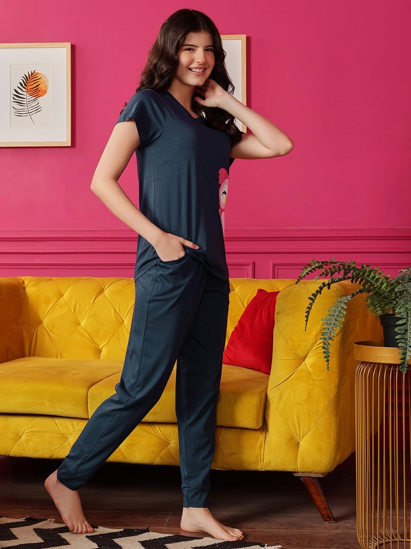 Clovia Women's Top & Pyjama Set Regular Pajama (LS0521P08L_Blue_L) - Image 3
