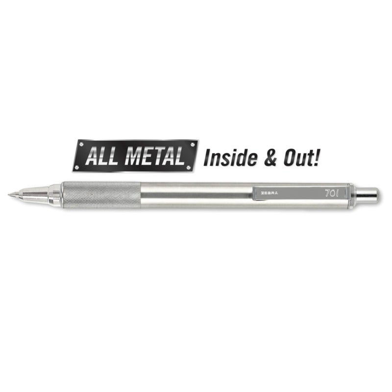 Zebra Pen Zebra F-701 Metal Pen - Ballpoint Fine Point Stainless Steel - 0.8mm - Black Ink - Retractable Zebra Pens with 2 Black Ink Refills - Image 1