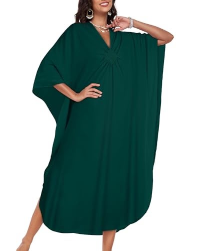 JILUVIN Kaftan Dresses for Women Plus Size V Neck Caftans Long Batwing Sleeve Beach Cover Ups Summer Floral Print Dress 2026 (Dark Green,One Size) - Image 3
